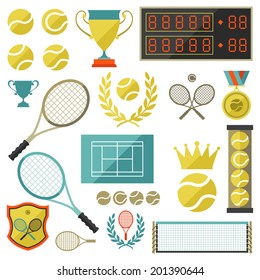 Tennis icon set in flat design style.