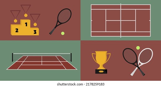 Tennis icon set in flat design style: racket, balls, court, net, prize cup, medal, pedestal, dark red clay field. Made in vector.