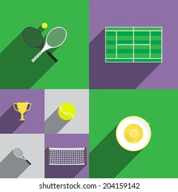 Tennis Icon Set In Flat Style With Rackets, Court, Cup, Trophy, Ball And Net. Vector Illustration