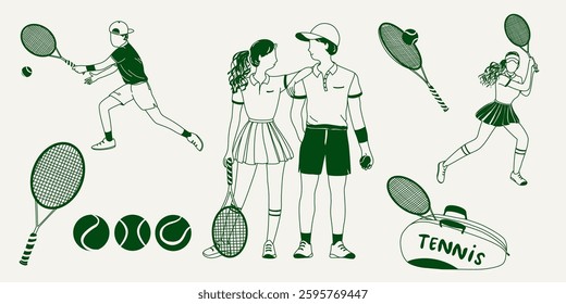 Tennis icon set hand drawn vector illustration 