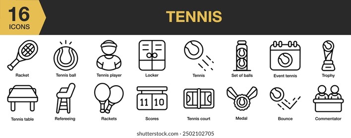 Conjunto de iconos de tenis. Incluye rebote, evento, puntuaciones, raquetas, tipo de pelota y más. Colección de Vector de iconos de contorno.