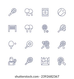 Tennis icon set. Thin line icon. Editable stroke. Containing racket, ping pong, net, tennis, racket, court, tennis player, tennis ball.