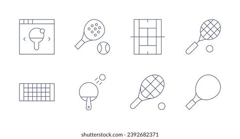 Tennis icons. Editable stroke. Containing online shop, paddle, net, ping pong, tennis court, tennis racket, tennis.