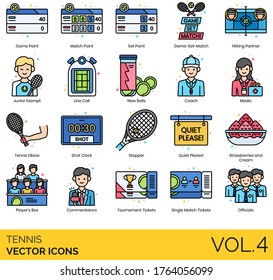 Tennis icons including game point, set, game-set-match, hitting partner, coach, medic, elbow, shot clock, stopper, quiet please, strawberries and cream, players box, commentator, tournament ticket.