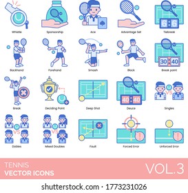 Tennis icons including whistle, sponsorship, advantage set, tiebreak, backhand, forehand, smash, block, break, deciding point, deep shot, deuce, singles, mixed doubles, fault, error.