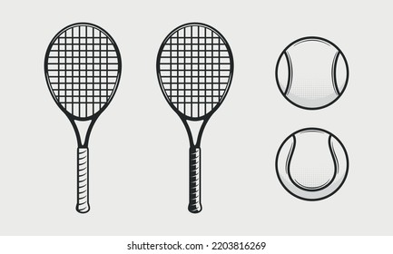 Tennis icons isolated on white background. Tennis rackets, balls silhouettes. Vintage design elements for logo, badges, banners, labels. Vector illustration