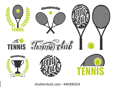 Tennis Icons. Set Of Tennis Badge Logo Templates. Vector illustration of tennis icons, logo for lawn tennis, consisting of green ball, net on court with racket . 