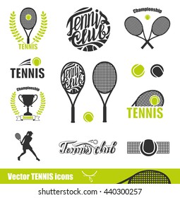 Tennis Icons. Set Of Tennis Badge Logo Templates. Vector illustration of tennis icons, logo for lawn tennis, consisting of green ball, net on court with racket . 