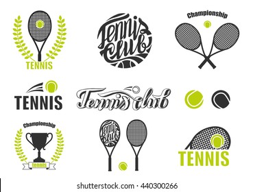 Tennis Icons. Set Of Tennis Badge Logo Templates. Vector illustration of tennis icons, logo for lawn tennis, consisting of green ball, net on court with racket . 