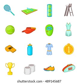 Tennis icons set in cartoon style. Tennis attributes set collection vector illustration