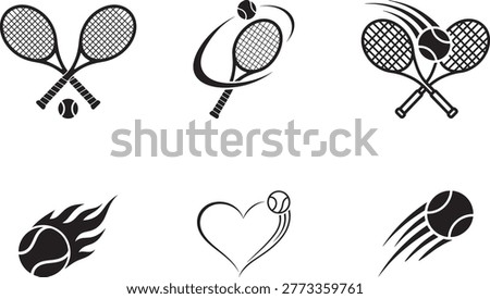 tennis icons set racket ball sport game match player equipment silhouette vector