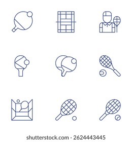 Tennis icons set. Thin Line style, editable stroke. ping pong, court, player, racket.