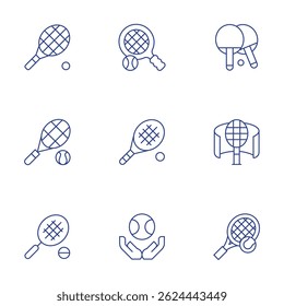 Tennis icons set. Thin Line style, editable stroke. table, racket, ball.
