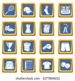 Tennis icons set vector blue square isolated on white background 