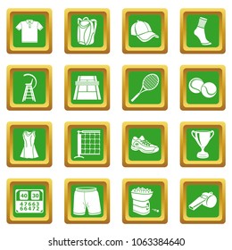 Tennis icons set vector green square isolated on white background 