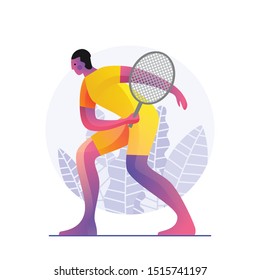 Tennis illustration. Vector flat illustration isolated on white background with beautiful pattern behind. Healthy lifestyle.