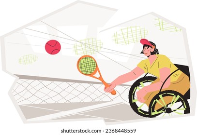 Tennis inclusive sport for wheelchair athletes and opportunity for people with disability. Wheelchair tennis competition for athletes with disabilities, vector banner template.