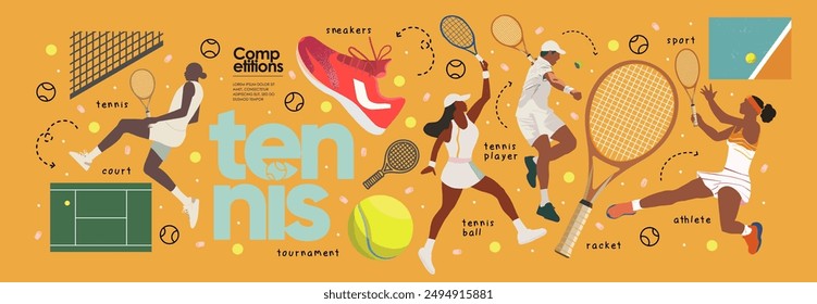 Tennis and international sport games. Vector abstract illustrations of woman and man tennis player on tournament, court, tennis ball, racket and sneaker. Isolated objects, elements and icons