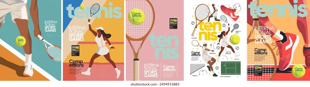 Tennis und internationale Sportspiele. Vektorgrafik abstrakte Abbildung von Frau und Mann Tennisspielerin auf dem Platz, Tennisball, Schläger und Sneaker für Poster, Cover, Flyer oder Hintergrund