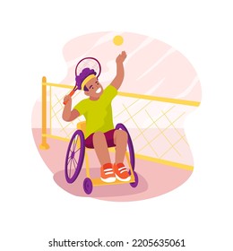 Tennis isolated cartoon vector illustration. Sporty kid in a wheelchair with a racket on the tennis court, disabled people lifestyle, physical activity, social problem vector cartoon.
