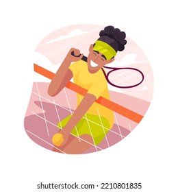 Tennis isolated cartoon vector illustration. Smiling teen girl resting on net, holding a ball in hand, tennis court, practice sport outdoor, physical activity, healthy lifestyle vector cartoon.