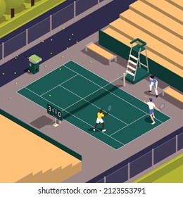 Tennis isometric colored composition three players practice on a tennis court against an automatic ball serving machine vector illustration