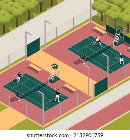 Tennis isometric composition field is divided into two courts where two teams play tennis vector illustration