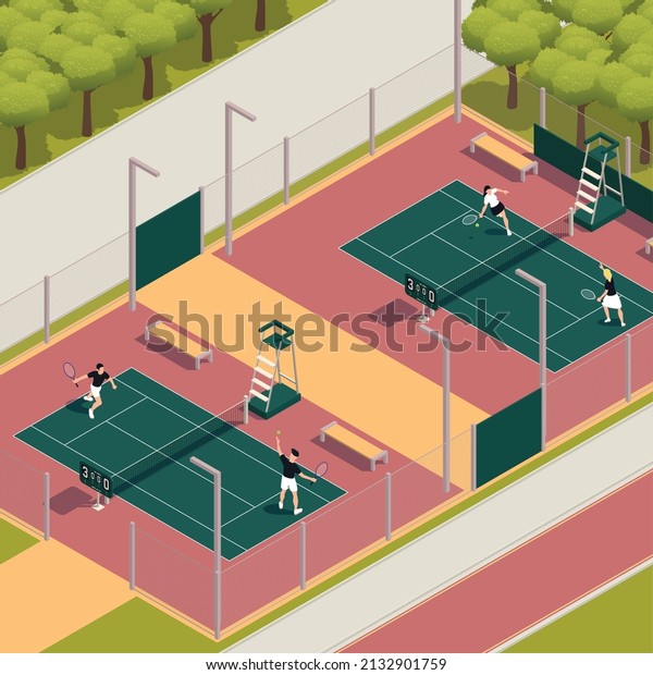 Tennis isometric\
composition field is divided into two courts where two teams play\
tennis vector\
illustration