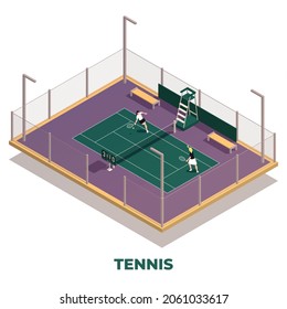 Tennis isometric composition with isolated text and sport playground with playing people with rackets and ball vector illustration