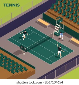 Tennis isometric composition with outdoor scenery of sport stadium with seats for visitors and referees chair vector illustration