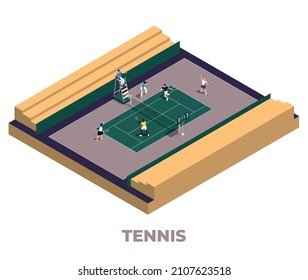 Tennis isometric isolated composition two coaches and four players practice on the tennis court vector illustration