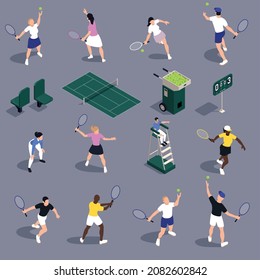 Tennis isometric set of isolated icons with court elements and human characters of game players motion vector illustration