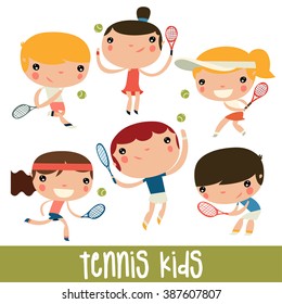 Tennis Kids Set. Cute Flat Vector Characters.