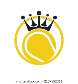 Diseño del logo del vector del rey del tenis. Plantilla de diseño de icono de bola de tenis y corona.	