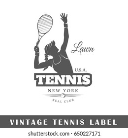Tennis label isolated on white background. Design element. Template for logo, signage, branding design. Vector illustration