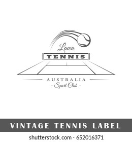 Tennis label isolated on white background. Design element. Template for logo, signage, branding design. Vector illustration