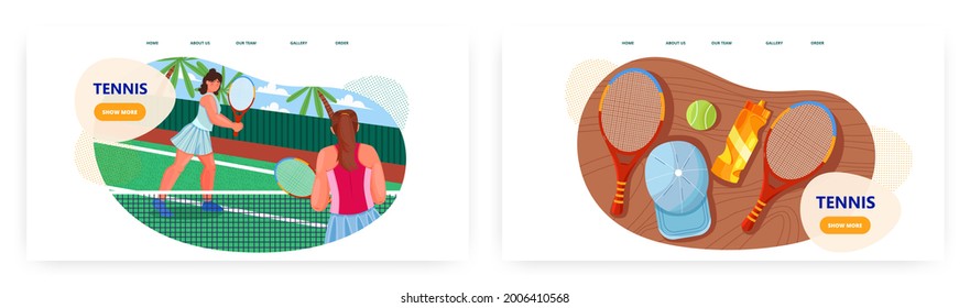 Tennis landing page design, website banner vector template set. Girls playing tennis on outdoor court. Healthy lifestyle