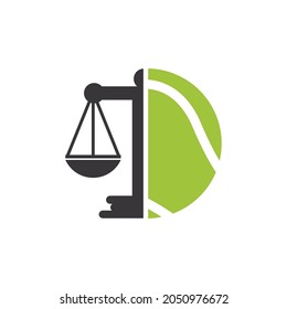 Tennis law vector logo design. Tennis ball and law balance icon design.	