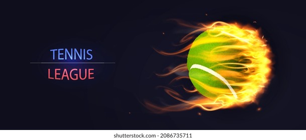 Tennis League concept. Colorful horizontal banner with inscription and small green flame ball with white seams. Design element for advertising championships. Cartoon flat vector illustration