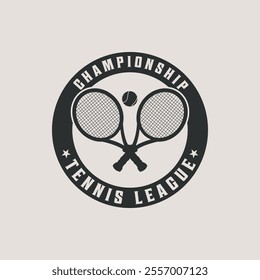 tennis league with crossed rackets and ball logo vector vintage illustration design