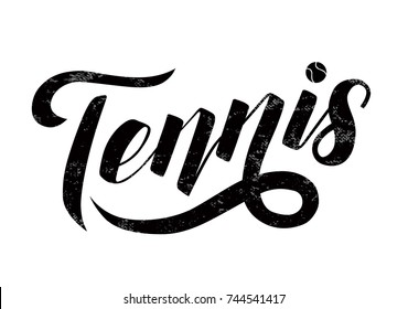 Tennis  lettering text with tennis ball on white background, vector illustration. Tennis calligraphy. Sport, fitness, activity vector design. Print for logo, T-shirt and caps.