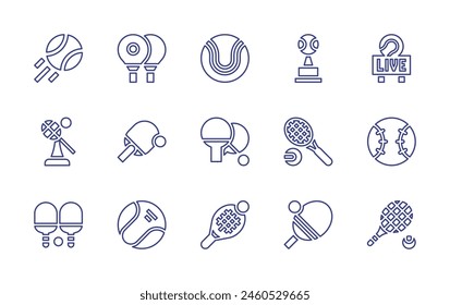 Conjunto de iconos de línea de tenis. Trazo editable. Ilustración vectorial. Conteniendo pelota, tenis, raqueta, tenis de mesa, ping pong.