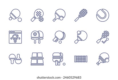 Conjunto de iconos de línea de tenis. Trazo editable. Ilustración vectorial. Contiene ping pong, pelota, tenis de mesa, tenis, raqueta, squash, red, tienda en línea, pádel.