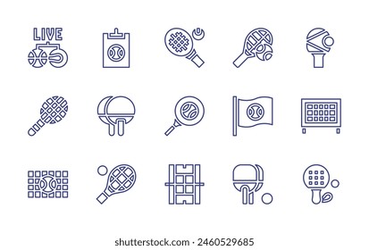 Conjunto de iconos de línea de tenis. Trazo editable. Ilustración vectorial. Con pista de tenis, Portapapeles, raqueta, tenis, tenis de mesa, ping pong, transmisión en vivo, falta, marcador, banderas.