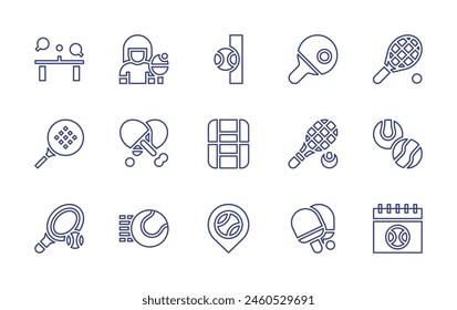 Tennis line icon set. Editable stroke. Vector illustration. Containing racket, ping pong, ball, tennis, table tennis, court, calendar.