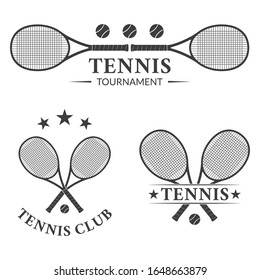 Tennis logo or badge set with two crossed rackets and tennis balls. Vector illustration.