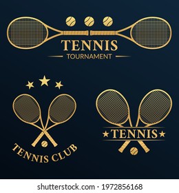 Tennis logo or badge set with two crossed rackets and tennis balls. Vector illustration.