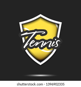 Tennis logo design template. Tennis emblem pattern. Tennis ball and shield with vintage lettering on an isolated background. Print on t-shirt graphics. Vector illustration