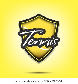 Tennis logo design template. Tennis emblem pattern. Tennis ball and shield with vintage lettering on an isolated background. Print on t-shirt graphics. Vector illustration