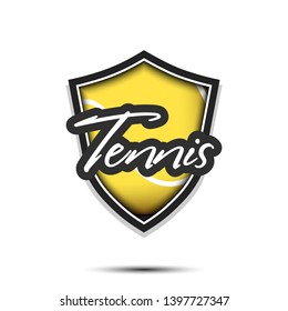 Tennis logo design template. Tennis emblem pattern. Tennis ball and shield with vintage lettering on an isolated background. Print on t-shirt graphics. Vector illustration